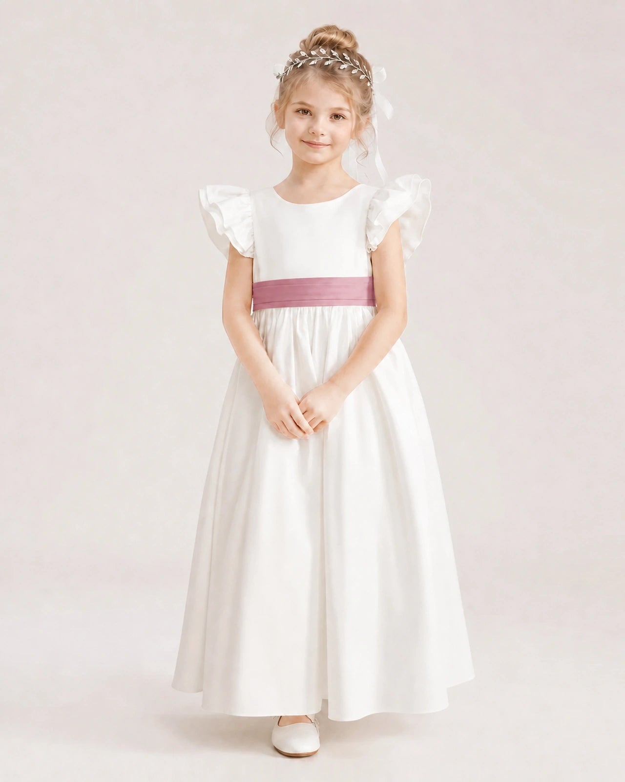 Dusty Rose Satin A-line Flower Girl Dress Front View