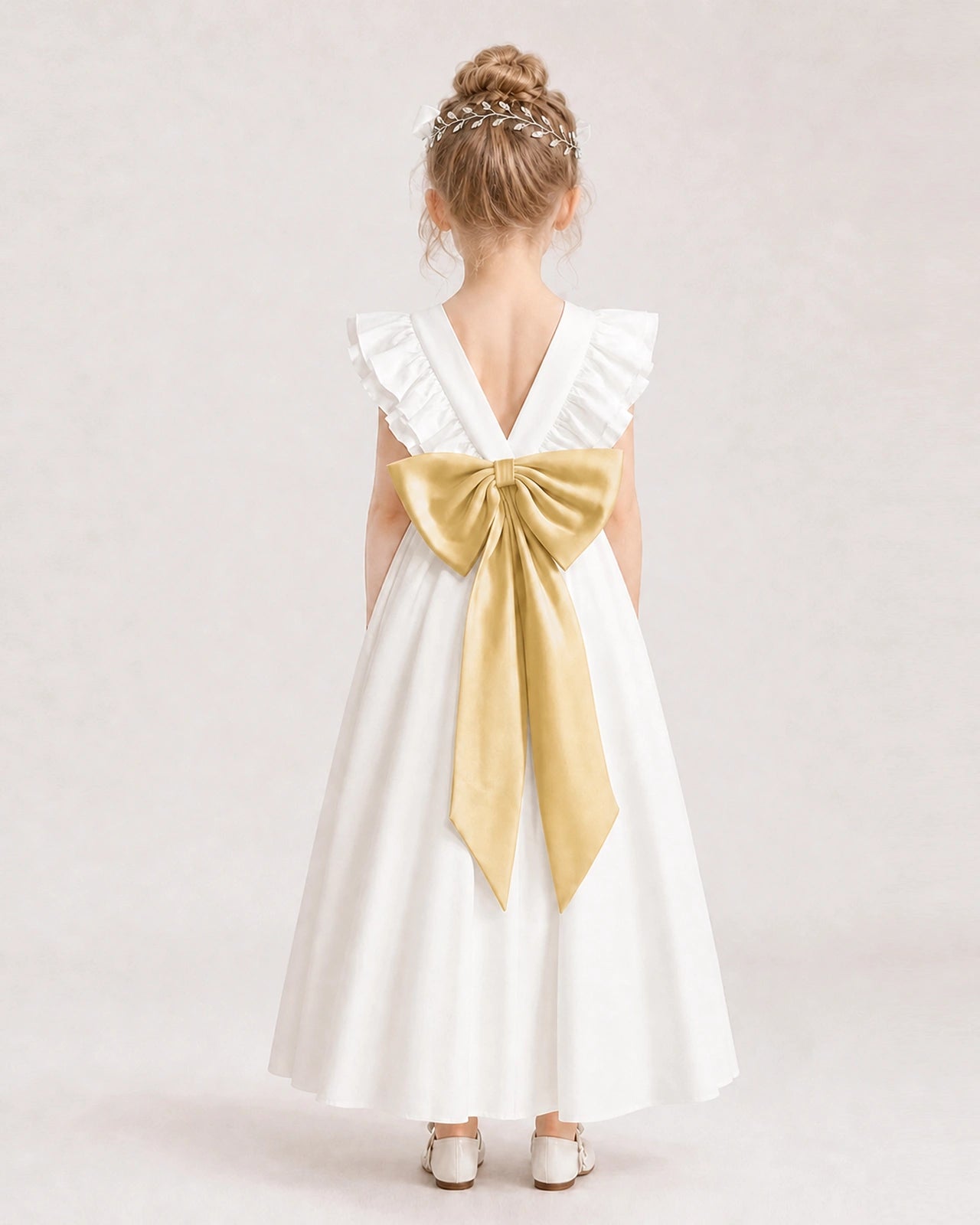 Gold Satin A-line Flower Girl Dress Back View