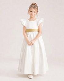 Gold Satin A-line Flower Girl Dress Front View