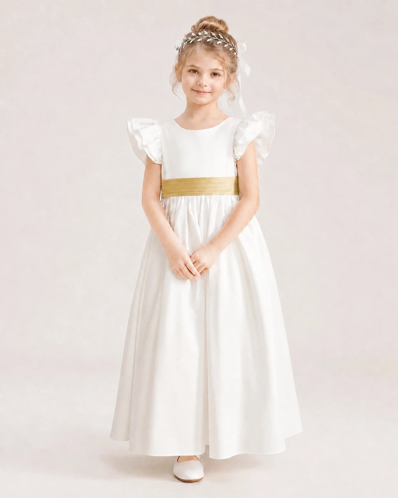 Gold Satin A-line Flower Girl Dress Front View