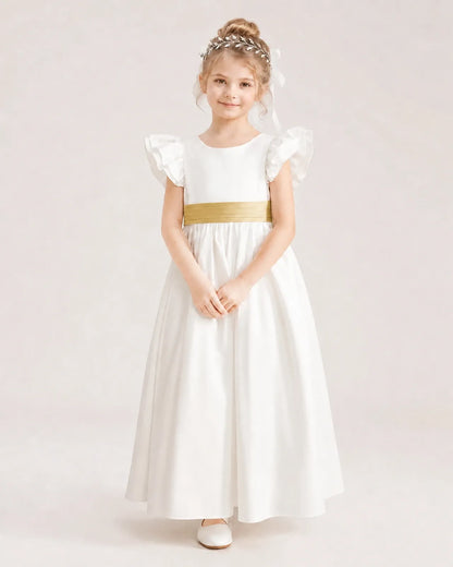 Gold Satin A-line Flower Girl Dress Front View