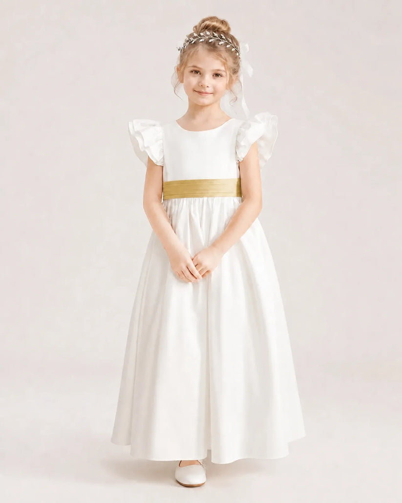 Gold Satin A-line Flower Girl Dress Front View