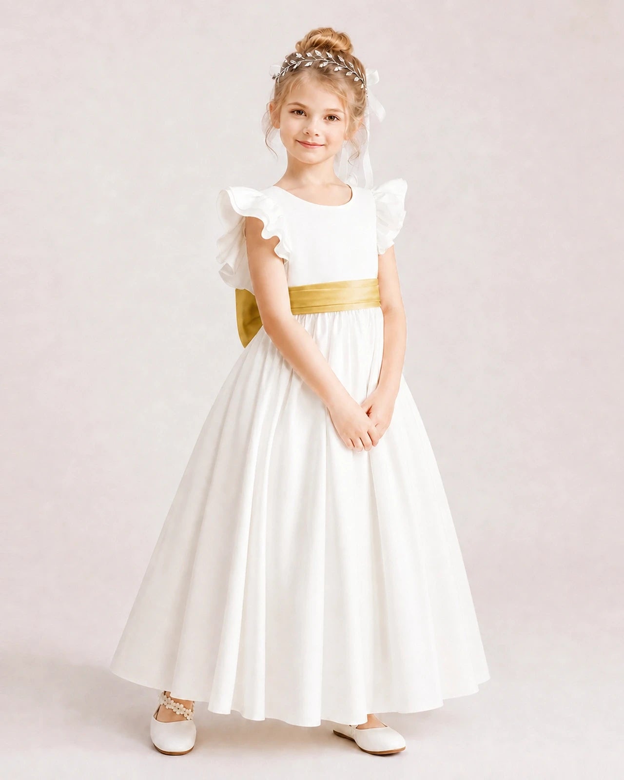 Gold Satin A-line Flower Girl Dress Side View