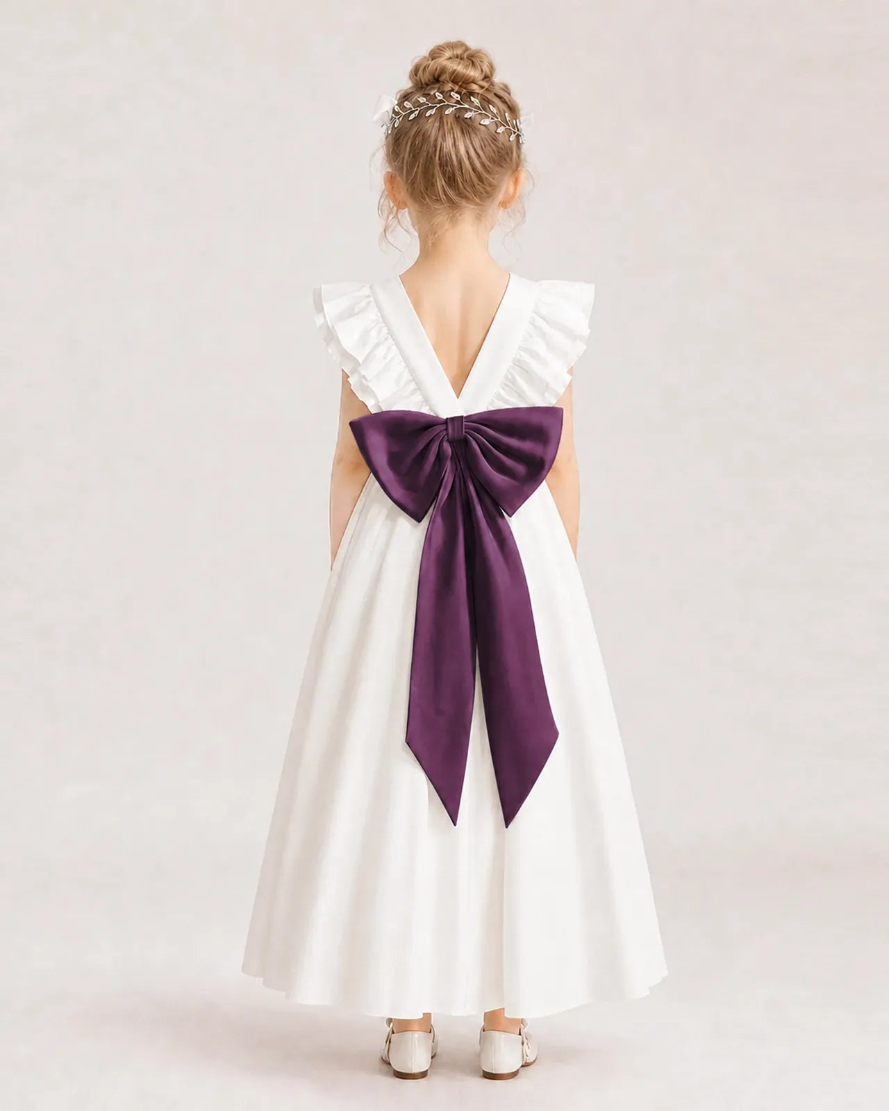 Grape Satin A-line Flower Girl Dress Back View