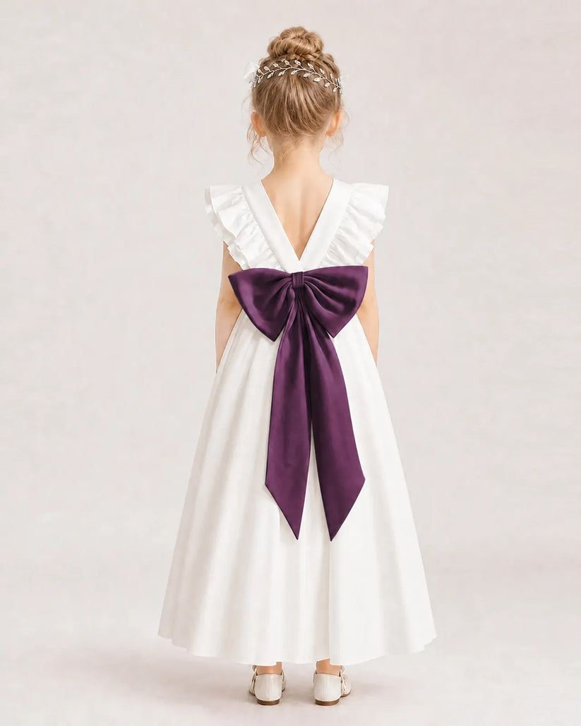 Grape Satin A-line Flower Girl Dress Back View