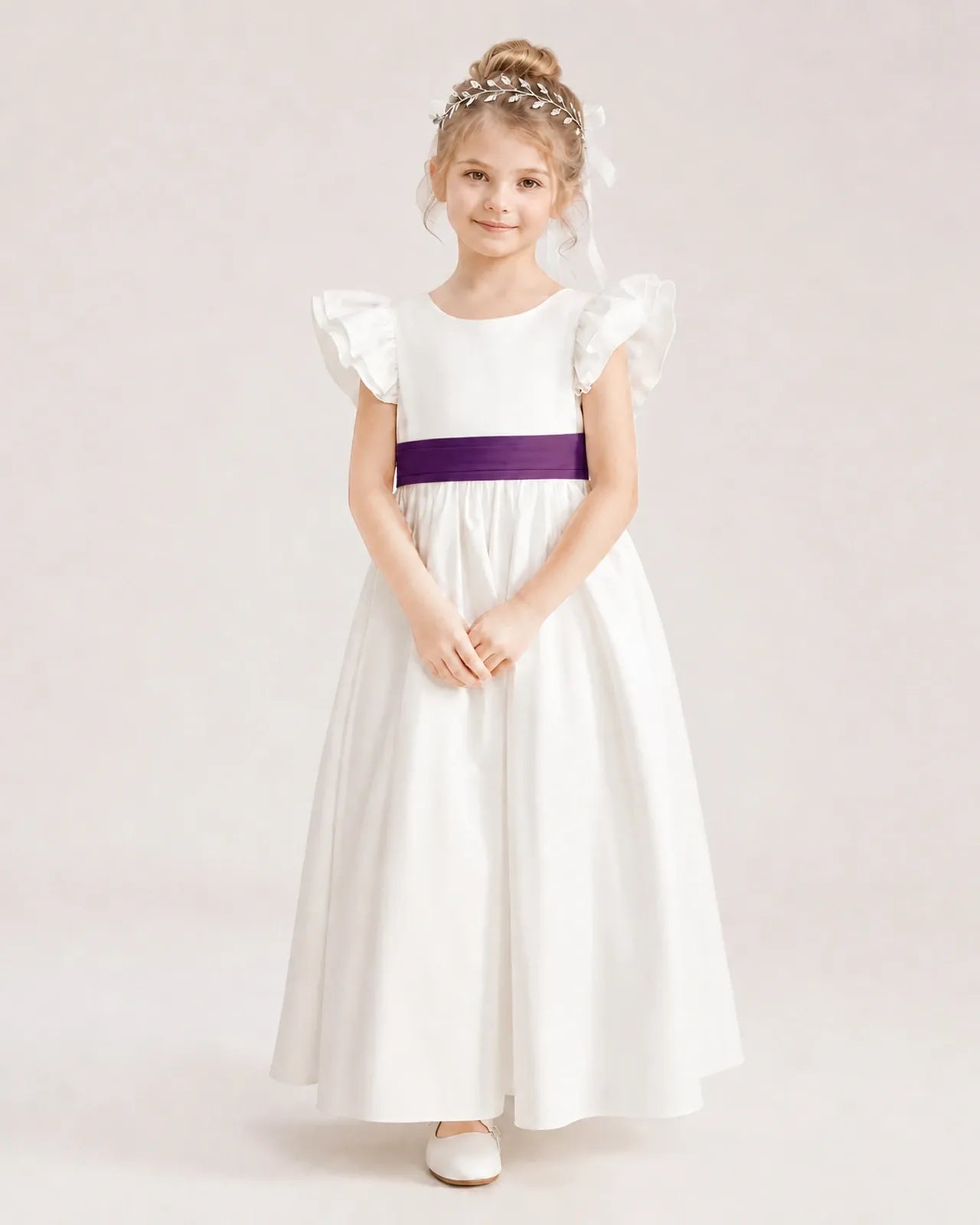 Grape Satin A-line Flower Girl Dress Front View