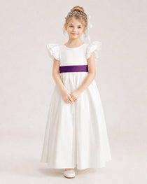 Grape Satin A-line Flower Girl Dress Front View