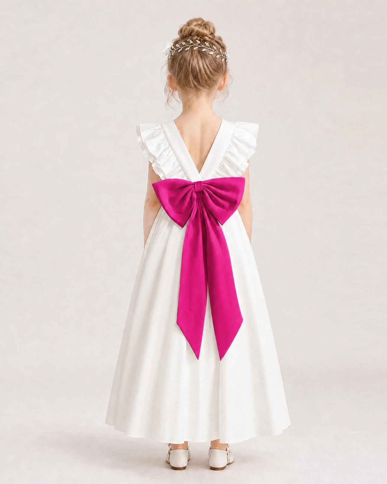 Hot Pink Satin A-line Flower Girl Dress Back View