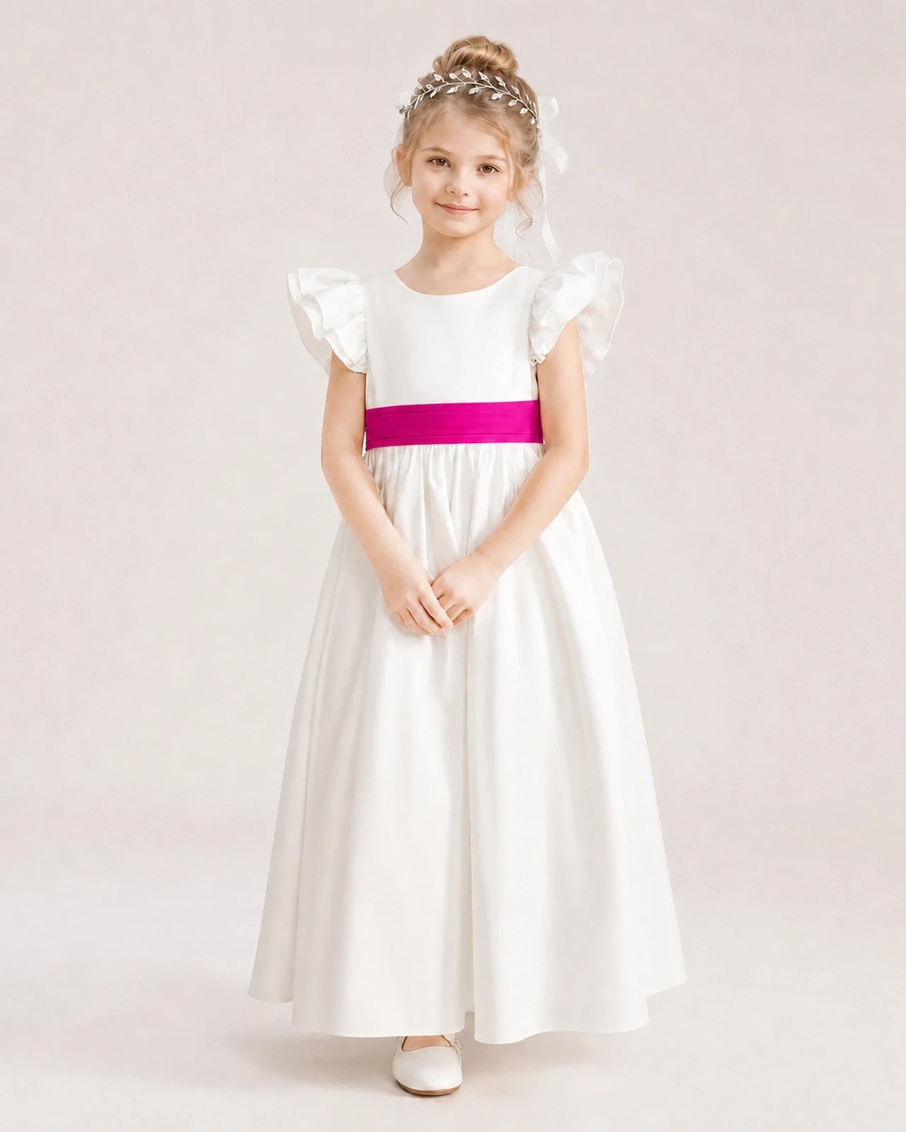 Hot Pink Satin A-line Flower Girl Dress Front View