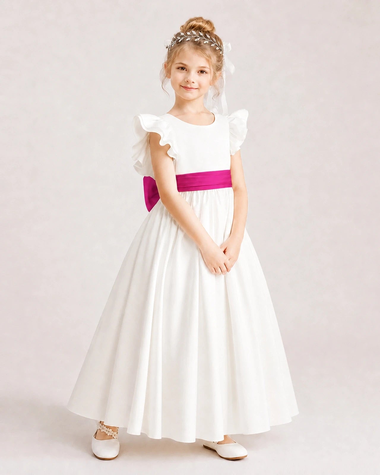 Hot Pink Satin A-line Flower Girl Dress Side View