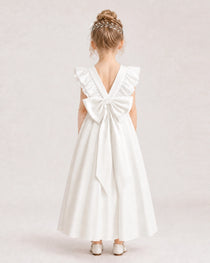 Ivory Satin A-line Flower Girl Dress Back View