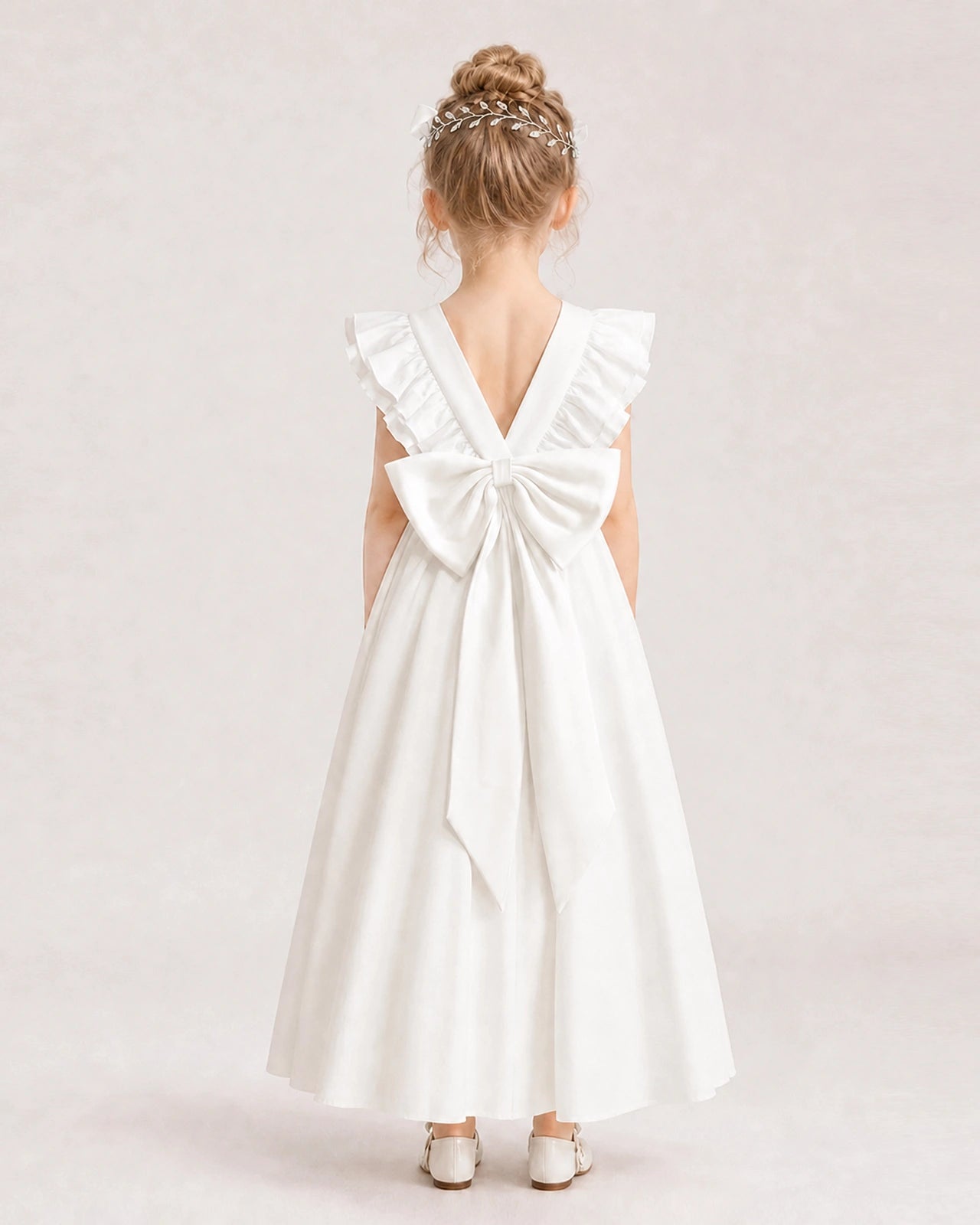 Ivory Satin A-line Flower Girl Dress Back View