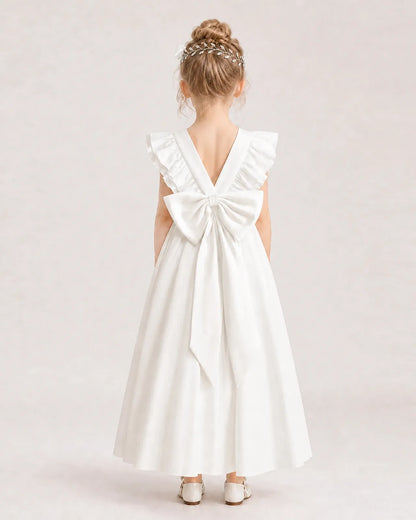 Ivory Satin A-line Flower Girl Dress Back View