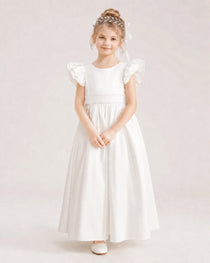 Ivory Satin A-line Flower Girl Dress Front View