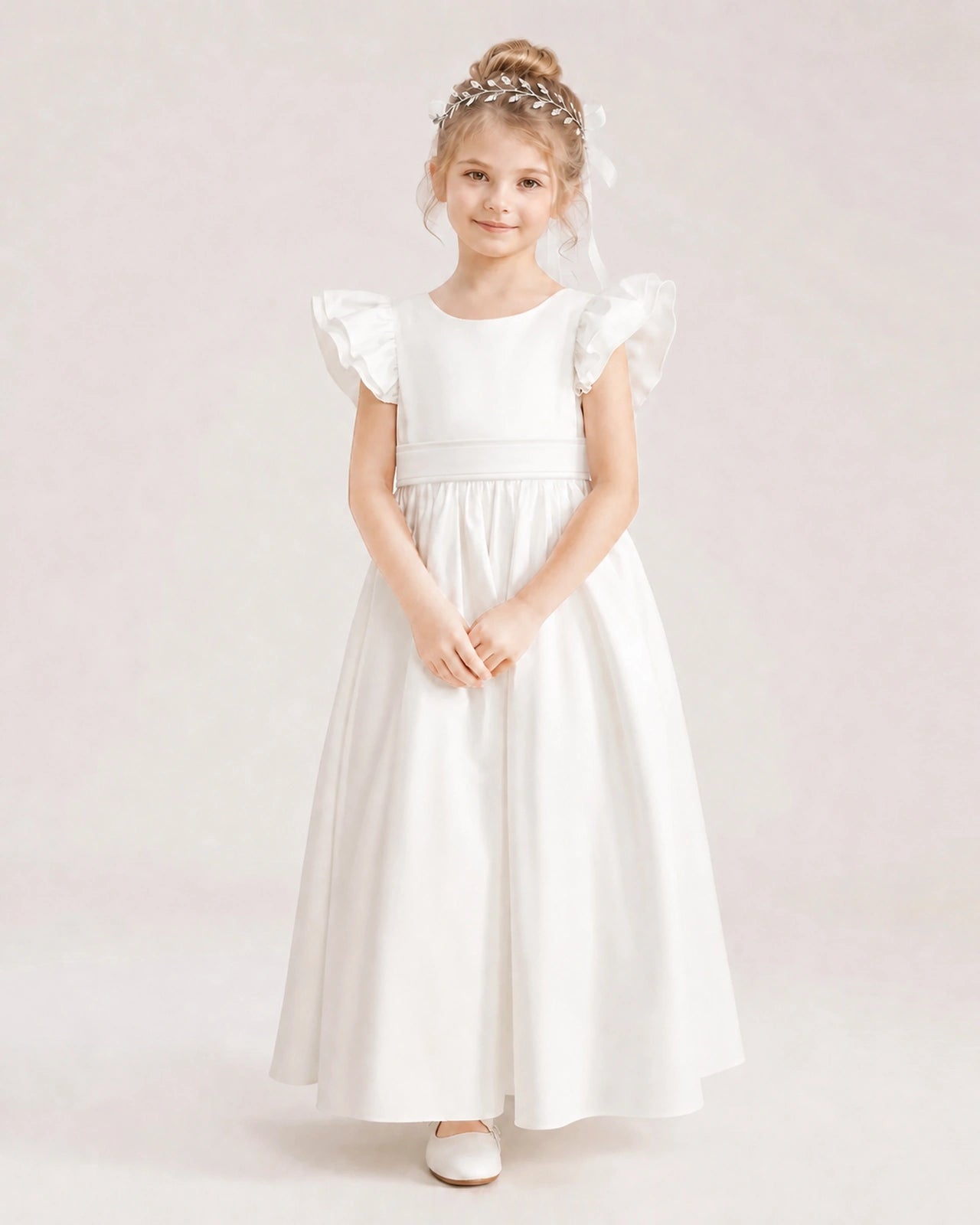 Ivory Satin A-line Flower Girl Dress Front View
