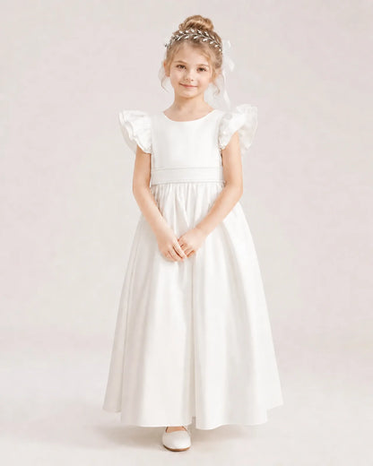 Ivory Satin A-line Flower Girl Dress Front View