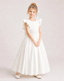 Ivory Satin A-line Flower Girl Dress Side View
