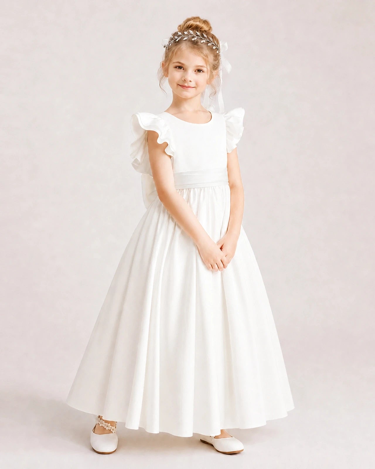 Ivory Satin A-line Flower Girl Dress Side View