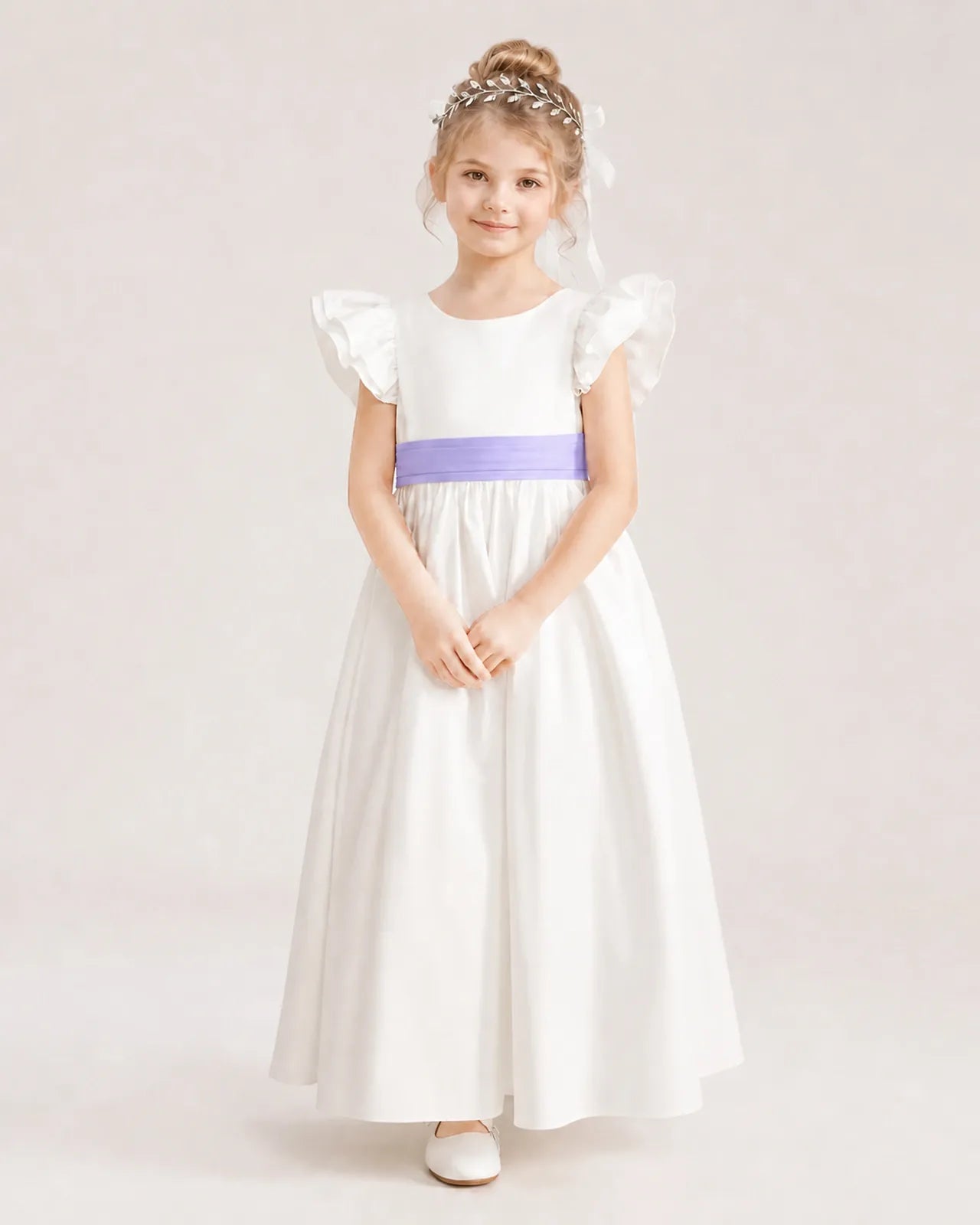 Lavender Satin A-line Flower Girl Dress Front View