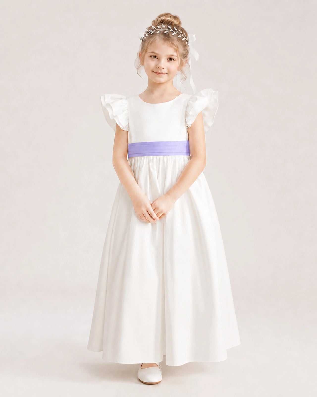 Lavender Satin A-line Flower Girl Dress Front View