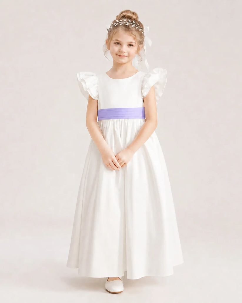 Lavender Satin A-line Flower Girl Dress Front View