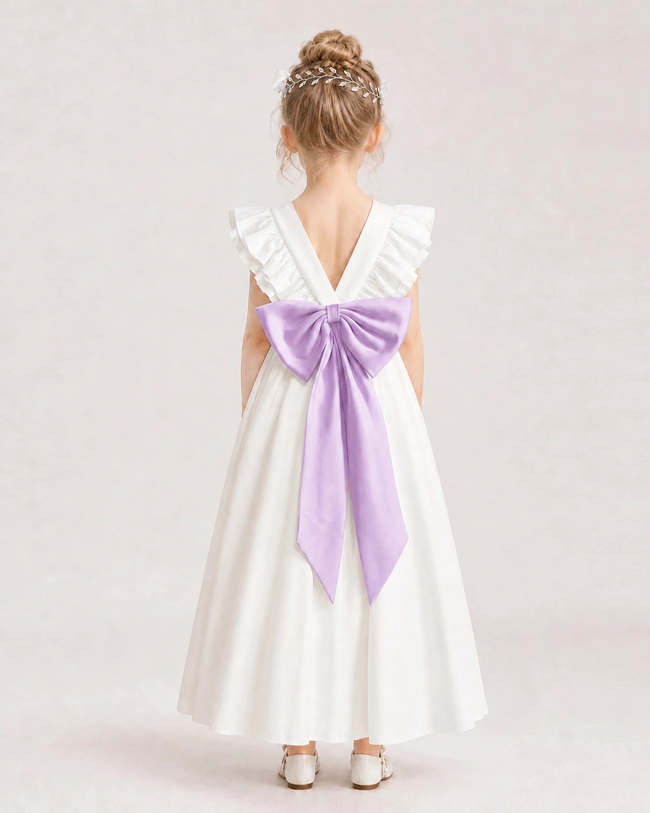Lilac Satin A-line Flower Girl Dress Back View