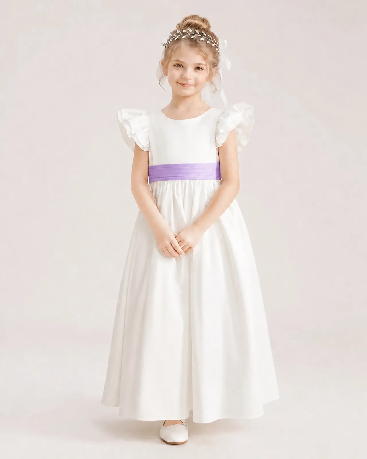 Lilac Satin A-line Flower Girl Dress Front View