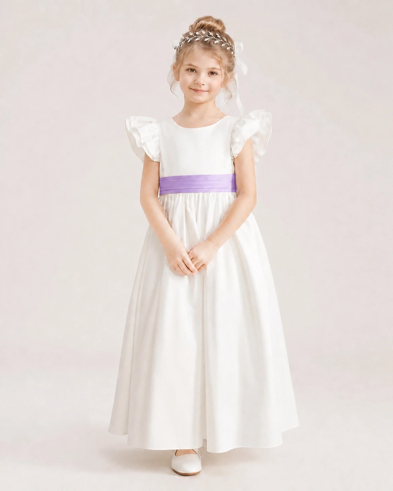 Lilac Satin A-line Flower Girl Dress Front View