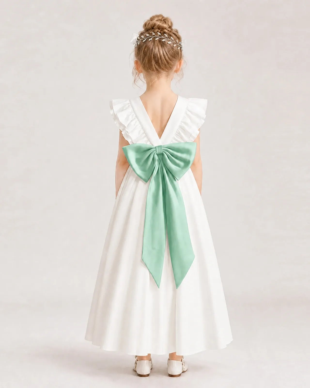 Mint Green Satin A-line Flower Girl Dress Back View