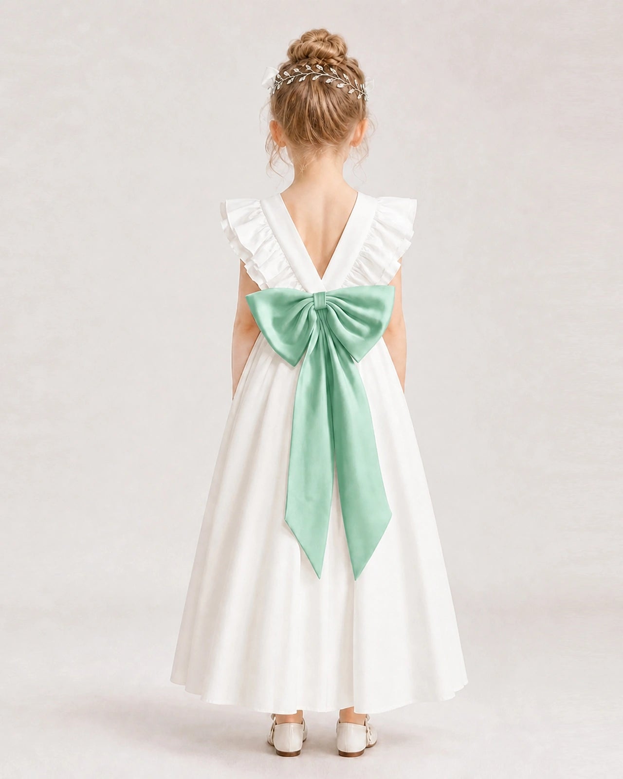 Mint Green Satin A-line Flower Girl Dress Back View