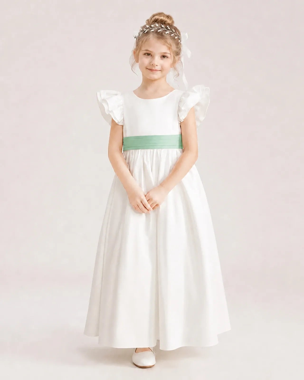 Mint Green Satin A-line Flower Girl Dress Front View