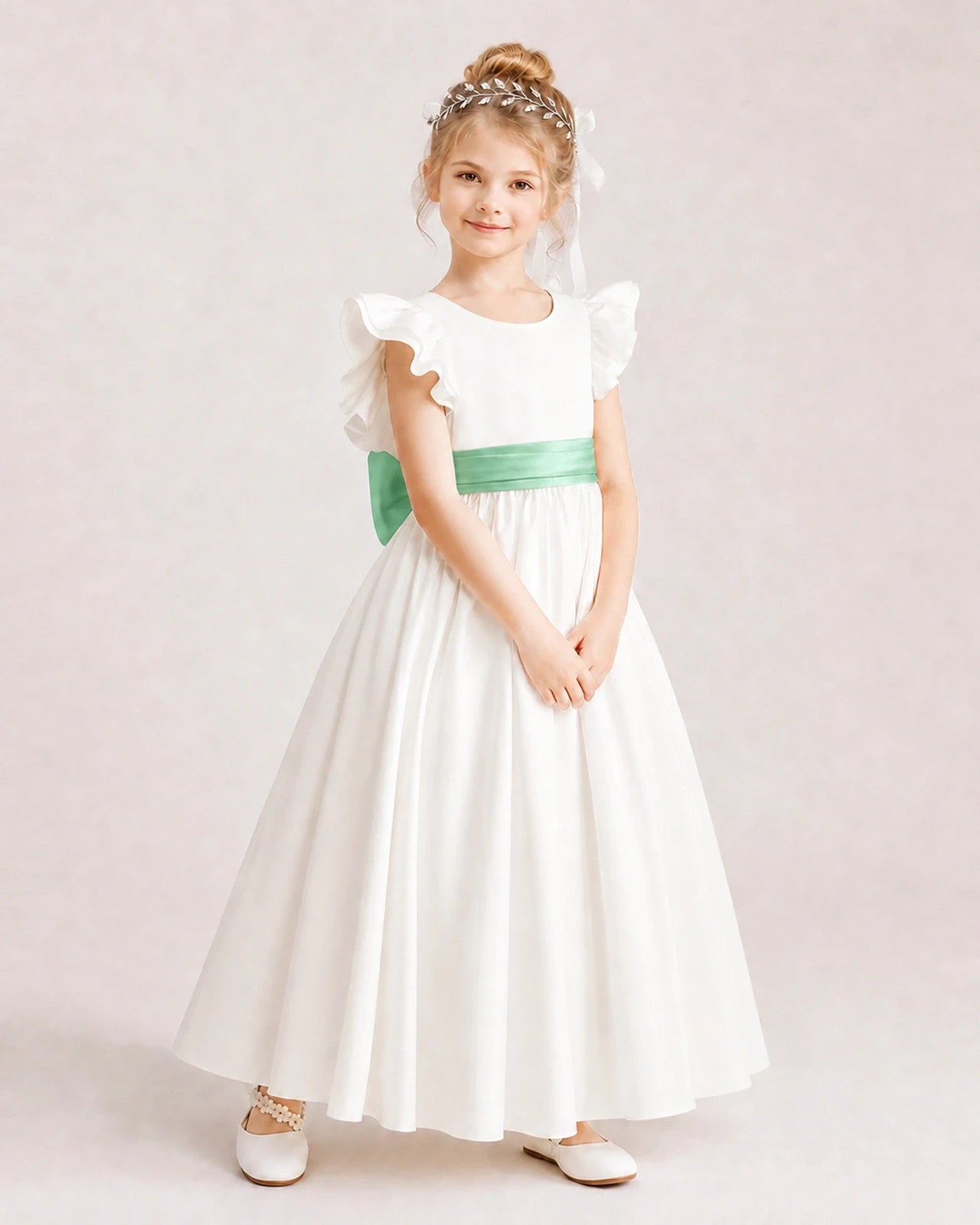 Mint Green Satin A-line Flower Girl Dress Side View