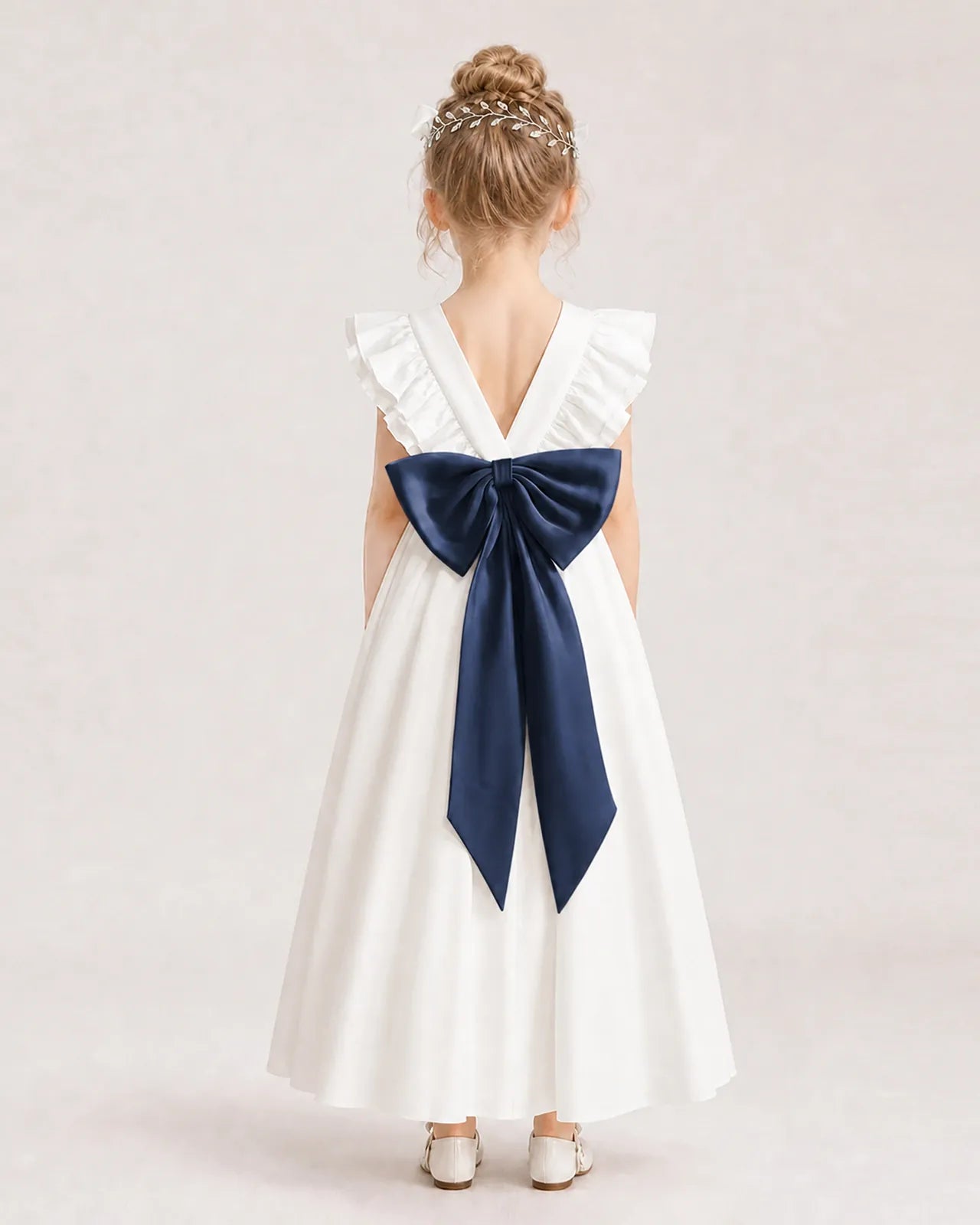 Navy Blue Satin A-line Flower Girl Dress Back View