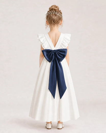 Navy Blue Satin A-line Flower Girl Dress Back View
