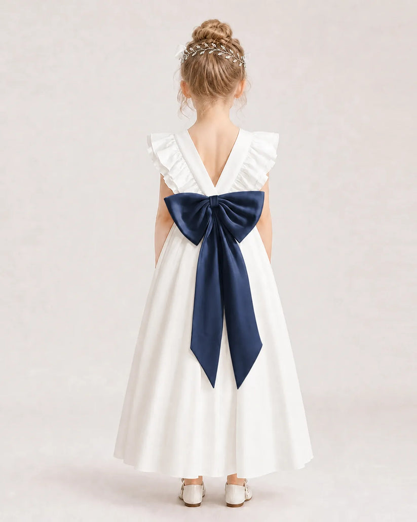 Navy Blue Satin A-line Flower Girl Dress Back View