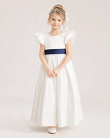 Navy Blue Satin A-line Flower Girl Dress Front View