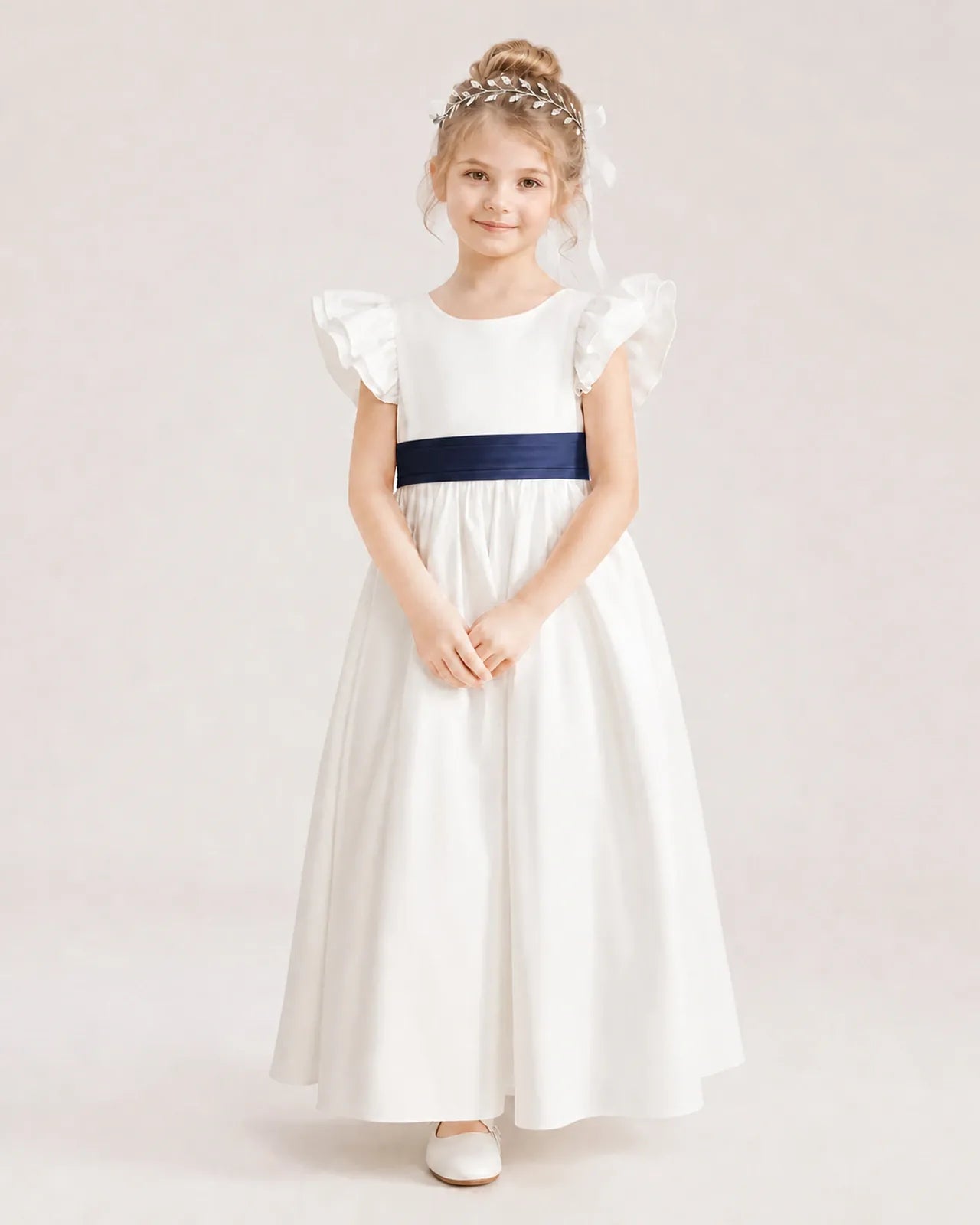 Navy Blue Satin A-line Flower Girl Dress Front View