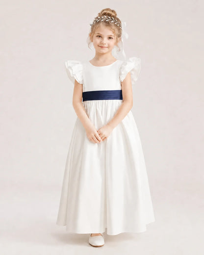 Navy Blue Satin A-line Flower Girl Dress Front View