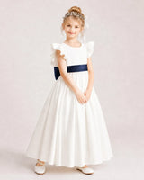 Navy Blue Satin A-line Flower Girl Dress Side View
