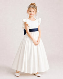 Navy Blue Satin A-line Flower Girl Dress Side View