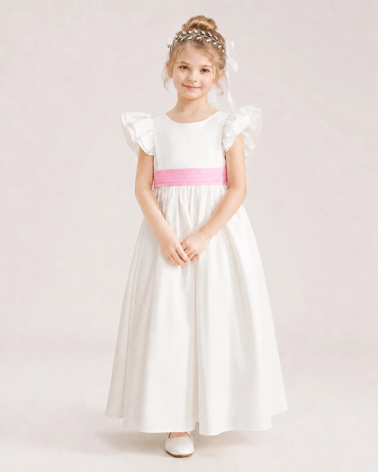 Pink Satin A-line Flower Girl Dress Front View