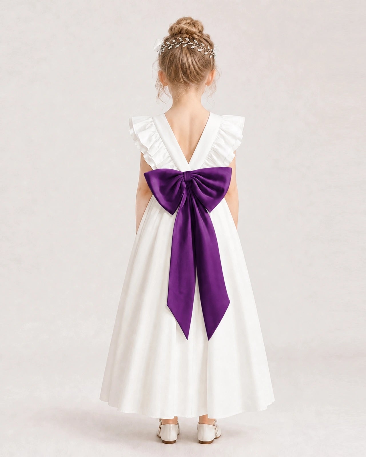 Purple Satin A-line Flower Girl Dress Back View