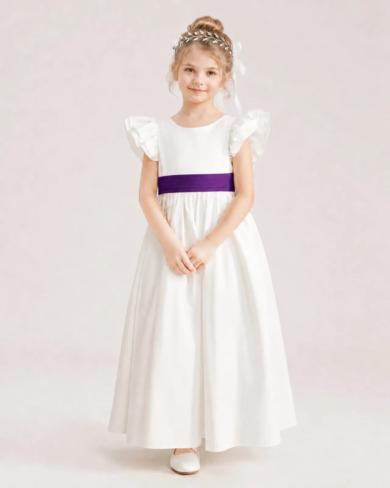 Purple Satin A-line Flower Girl Dress Front View