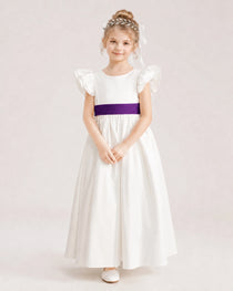 Purple Satin A-line Flower Girl Dress Front View