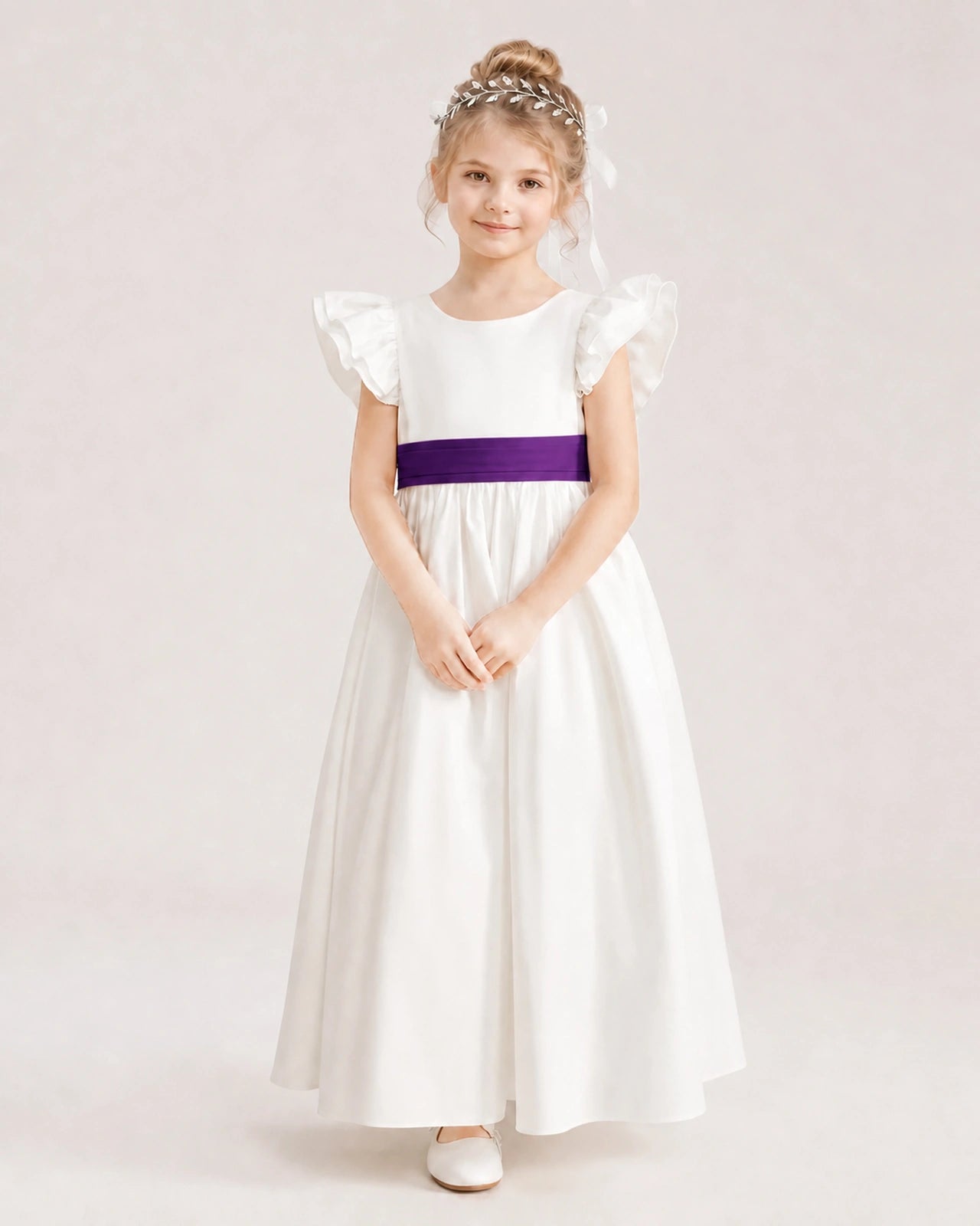 Purple Satin A-line Flower Girl Dress Front View