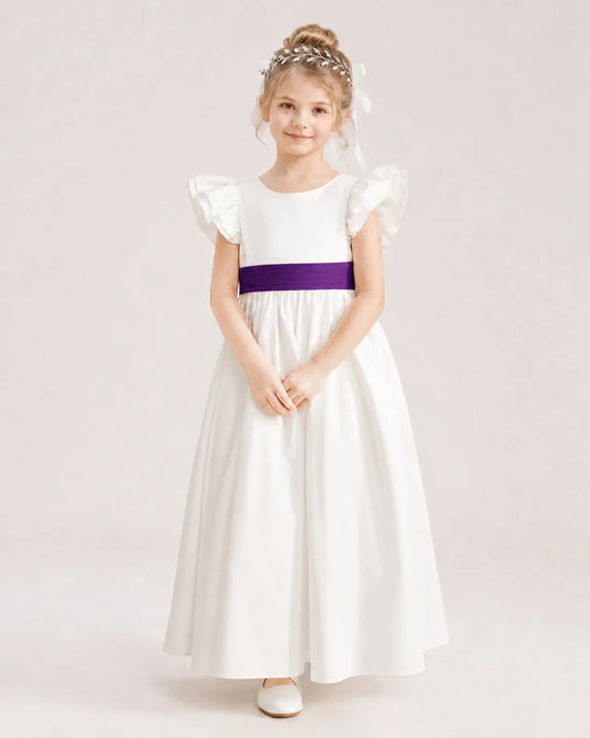 Purple Satin A-line Flower Girl Dress Front View