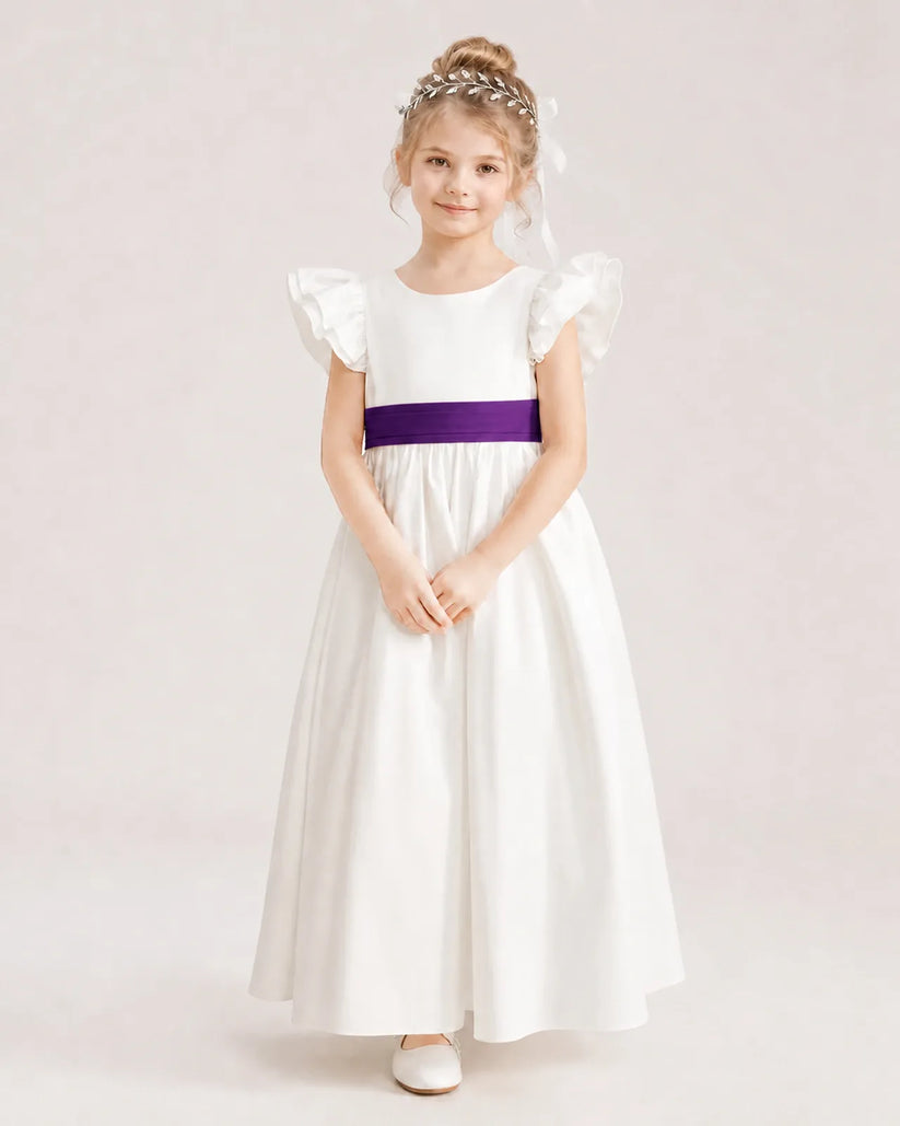 Purple Satin A-line Flower Girl Dress Front View