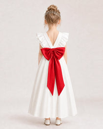 Red Satin A-line Flower Girl Dress Back View