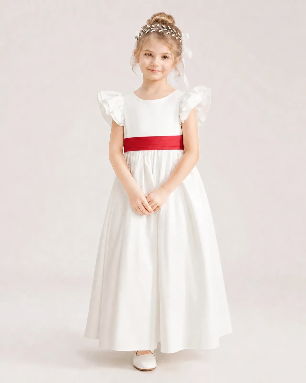 Red Satin A-line Flower Girl Dress Front View