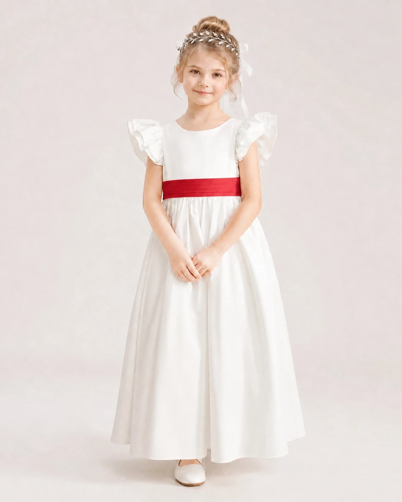 Red Satin A-line Flower Girl Dress Front View